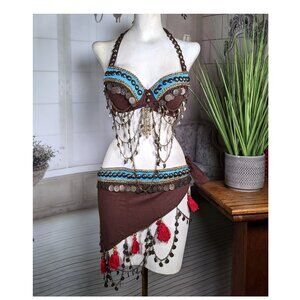 Women Belly Dance Tribal 2 Pieces Set Bronze Chain Tassel Bra + Belt Costume S/M